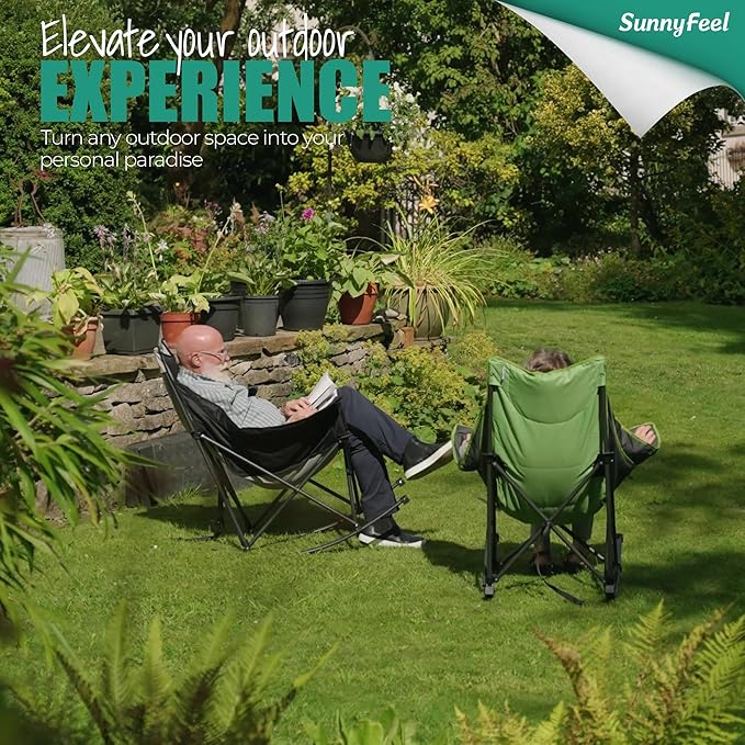 SUNNYFEEL Oversized Rocking Camping Chair, Fully Padded Patio Chair with Side Pocket, High Back Portable Lawn Recliner with Headrest, Outdoor Camp Rocker Chairs for Adults Heavy Duty 500 LBS Carry Bag