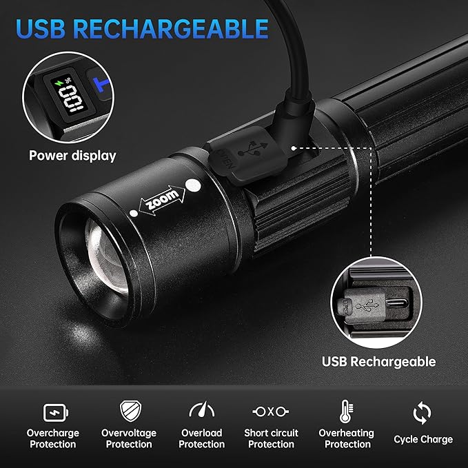 TrixHub Rechargeable Flashlights 3 Pack, Super Bright High Lumens Flash Light, 5 Modes Zoomable Linternas with LCD Digital Display, Powerful Handheld LED Flashlights for Home Emergencies Camping