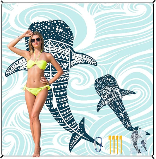 HIHOHO Beach Blanket Waterproof Sandproof Beach Mat 79”x 83” for 1-8 Adults Quick Drying Durable Outdoor Picnic Mat for Beach Festival Travel Camping Hiking (Whale, 79"×83"(4 Person))