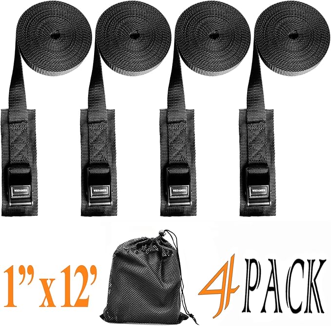 WEDAMER 4 Pack Kayak Tie Down Straps 12Ft Cam Buckle Tie Downs Adjustable Kayak Strap for Trucks Motorcycles Boat RV - Ratchet Lashing Straps for Roof Rack Trailer Cargo Packing Securement (1" x 12')