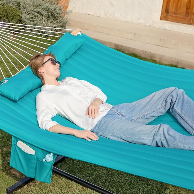 GAFETE 2 Person Hammock with Stand for Outside, Heavy Duty Steel Stand, Double 55inch Hammocks, Large Removable Pillow, Storage Bags, Max 475 lbs Capacity (Lake Aqua)