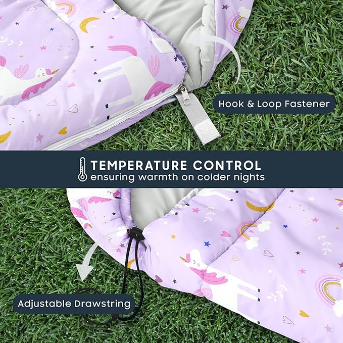 Wake In Cloud - Kids Sleeping Bag for Girls Toddlers, Camping in Warm Cold Weather, Backpacking Lightweight Compact Outdoor Liner for 3 Seasons, Celestial Unicorns