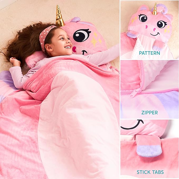 JOIEDOMI Kids Sleeping Bag 4 5 6 Year Old Girl Gifts Toddler Nap Mat with Pillow & Blanket 60" x 39" for Kids Ages 3+ Soft Plush Sleeping Mat for Preschool and Boys Girls