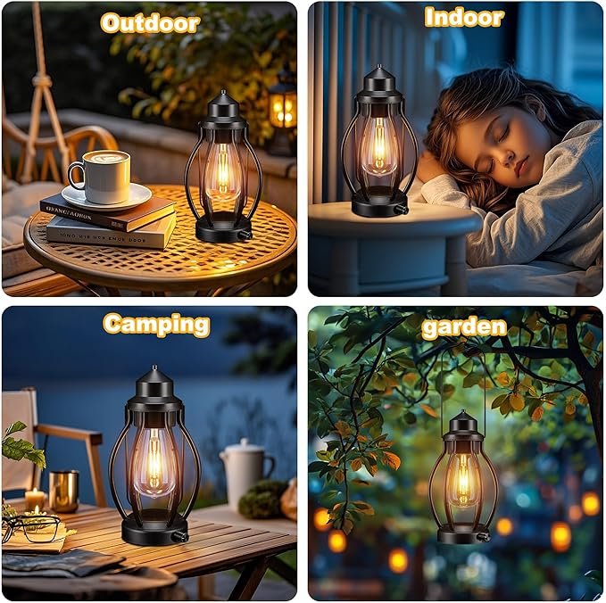 pearlstar Rechargeable Camping Lanterns 2 Pack Black Portable LED Decorative Lamps Outdoor Indoor Battery Operated/USB-C Charge, Dimming Edison Blub light with Timer, for Table Patio Garden Yard Porch