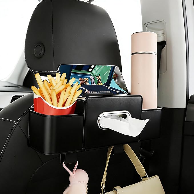 Amooca Back Seat Car Organizer, 4+2 in 1 Multifunctional Car Backseat Storage Box with 2 Cup Holders Tissue Box Hook, Car Interior Storage for Travel Phones Snacks Drinks(Black)