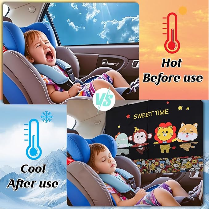 Car Window Shades for Baby, 2 Pack Magnetic Double Layer Car Sun Shade Baby with Storage Pockets, Adjustable Privacy Blackout/See-Through Cartoon Pattern Window Curtains for Kids UV Protection