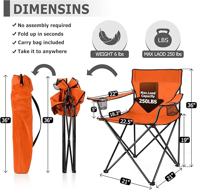 Joyfair Portable Camping Chair, Outdoor Lawn Folding Chairs for Adults, Heavy Duty Large Foldable Chairs for Beach, Fishing, Tailgating and More Outdoor Sport, Carry Bag & Cup Holder