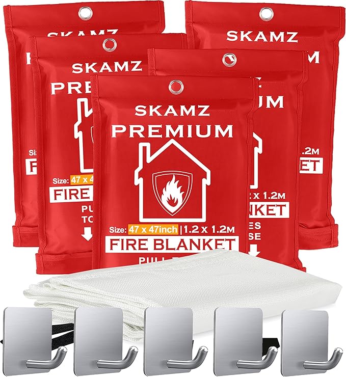 SKAMZ Emergency Fire Blanket for Home and Kitchen - XL Size - 2 Pack 47" x 47" W/Hooks - Welding Fireproof Blanket, Fire Blankets to Smother a Kitchen Fire, Fireplace, Grill, BBQ.
