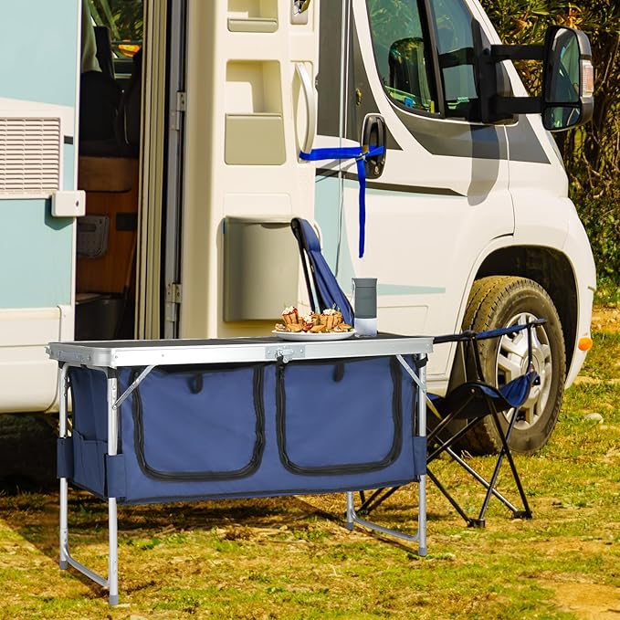 VINGLI 4 Ft Folding Table, Aluminum Camping Table, Picnic Table with Storage, Adjustable Height for Outdoor Beach BBQ Backyards Travel Party (Black ＆ Blue)