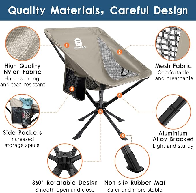 Raynesys Portable Camping Chair 2 Pack, 8 Seconds Quick Setup Folding Camping Chair, Flexible 360° Rotation, 3.8Lb Lightweight Travel Chairs for Easy Carry to Hiking, Sporting, Beach, Khaki