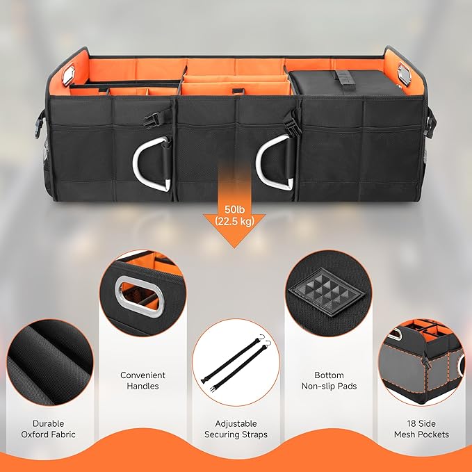 StorageWorks Trunk Organizer for SUV, Multi-Compartment Car Trunk Organizer, Car Organizer and storage with Aluminum Alloy Handle, Large, Black and Orange, 1-Pack