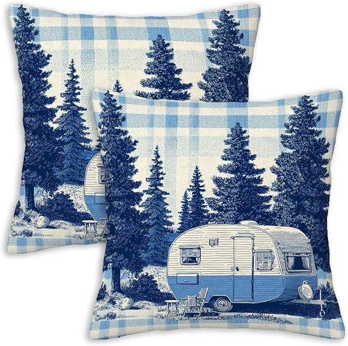Cabin Throw Pillow Covers 18x18 Set of 2 | Rustic Camping Trailer Cushion Covers | Pine Forest Decorative Pillow Cases for Couch, Sofa, Lodge Bedroom and Lake House Decor