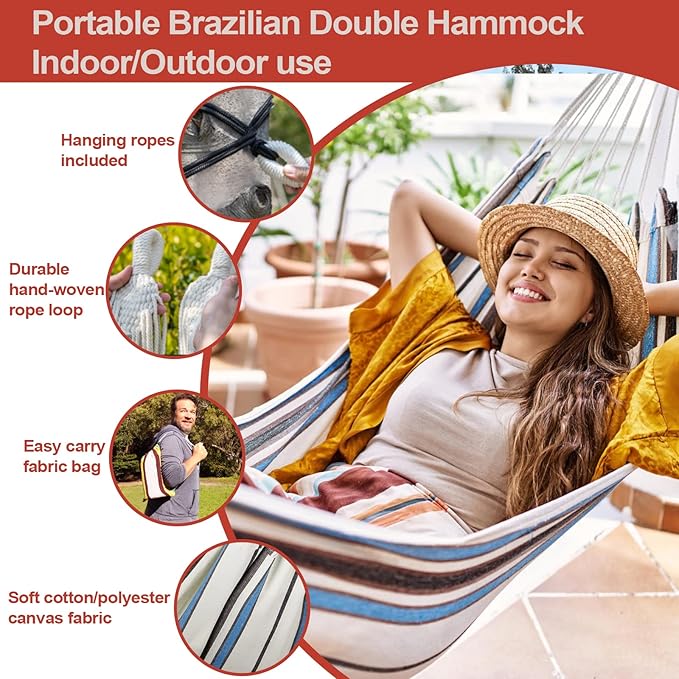 JoyView Brazilian Hammock for Single Preson Portable Hammock with Hanging Ropes & Carry Bag Large 78.8x39.4” for Patio 300LBS Capacity Perfect for Outdoor/Indoor - Red Stripe
