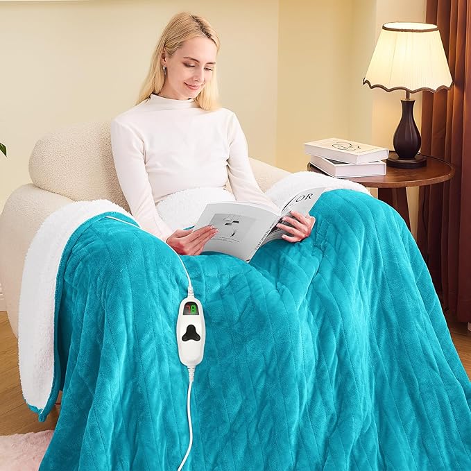 greenoak Heated Blanket Electric Twin 62"X84", Heating Blanket with 10 Heat Levels 1/2/4/6/8 Hours Auto-Off, Soft Flannel Sherpa Warm Heater Christmas Blanket,Aqua Green