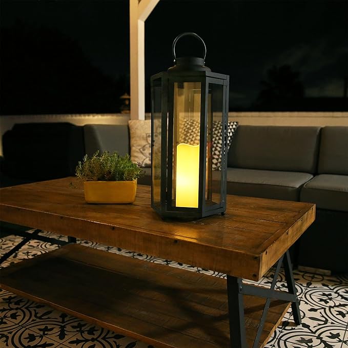 Alpine Corporation 18" Tall Outdoor Hexagonal Battery-Operated Metal Lantern with LED Lights, Black