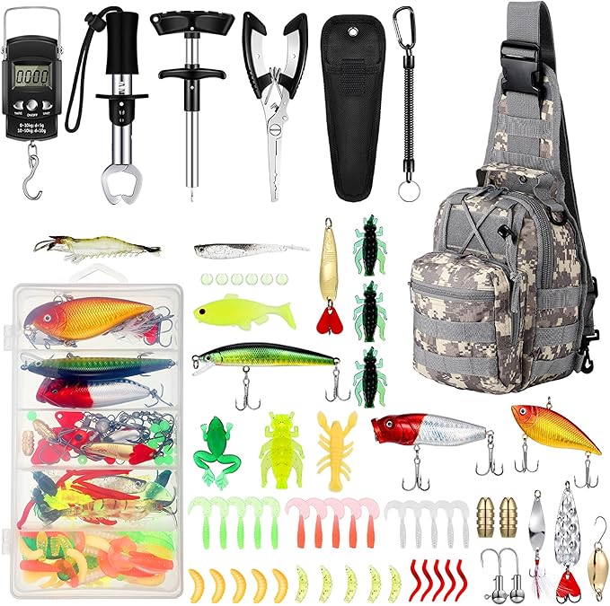 Sosation 134 Pcs Fishing Tool Fishing Tackle Box Kit and Equipment for Adults Beginner Gift, Hook Remover, Pliers Kit, Backpack Tackle Container Lures, Lip Gripper, Weigh Scale