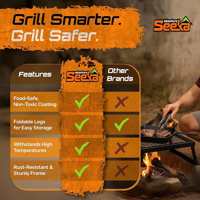 Adventure Seeka Folding Campfire Grill – Portable Over-Fire Grill with Food-Safe Coating, Heavy Duty Steel, Compact with Folding Legs - Camping, RV, Overlanding, Fire Pits