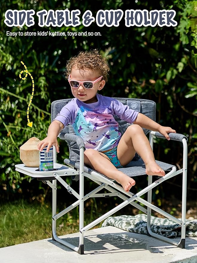 EVER ADVANCED Kids Directors Chair with Side Table, Padded Kids Folding Camping Chair Outdoor with Safety Lock, Lightweight Portable Camp Chairs for Beach, Balcony, Patio, Supports 150lbs, Grey