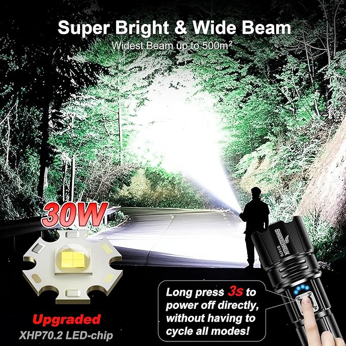 Flashlight 10000 High Lumens Rechargeable - 30W Super Bright LED Flash Light | 5000ft Beam & 12H Long Lasting USB C High Powered Handheld Police Flashlight for Home, Camping, Hiking, Emergency