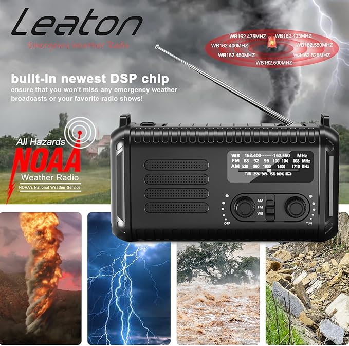 Hand Crank Emergency Radio, NOAA/AM/FM Weather, Solar Powered, 5000MAH Rechargeable Battery with USB Charging (Black)