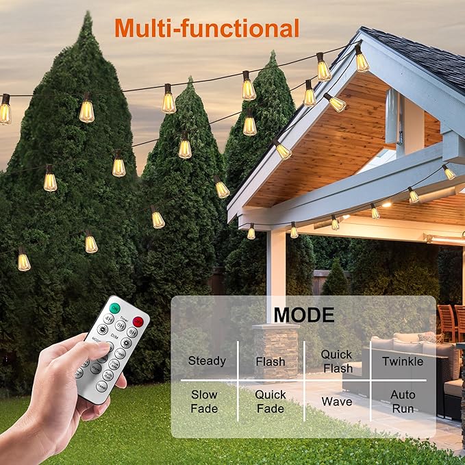 BLIATLUS 100FT Solar String Lights Outdoor Waterproof with Remote Control Solar Patio Lights 30+2 shatterproof LED ST38 Bulbs for Porch Garden Market Bistro Patio Backyard Fence