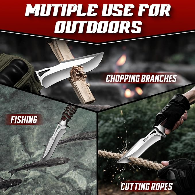 Dragon Creek Fixed Blade Knife - Bowie Knife with Wooden Handle Leather Sheath for Fishing Camping Men Gift