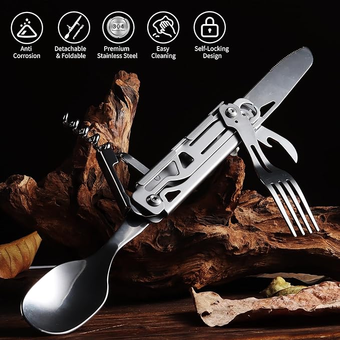 POXIMO Camping Utensils, 6-In-1 Detachable Stainless Steel Camping Flatware Multi-tool kits with Spoon Fork Knife Corkscrew Bottle&Can Opener, Folding Portable Cutlery Set for Travel Hiking Picnic