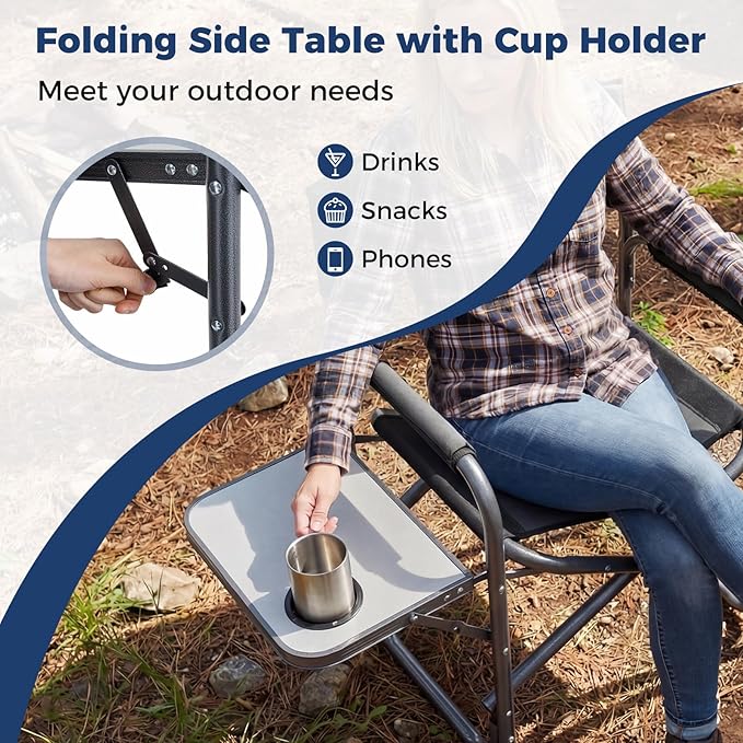 COSTWAY Folding Camping Chair, Lightweight Portable Directors Chair w/Side Table & Cup Holder, Padded Outdoor Heavy Duty Lawn Chair for Fishing, Picnic, Sports, Beach, Max Load 400 lbs (Black,2)