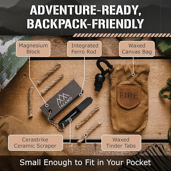 Mini Emergency Fire Starter Kit 4.5” x 2.5” x 1”, 2.5oz - Compact All-Weather Survival Fire Making Kit with Ferro Rod, Cerastrike Ceramic Scraper, Tinder Tabs & Canvas Storage Bag