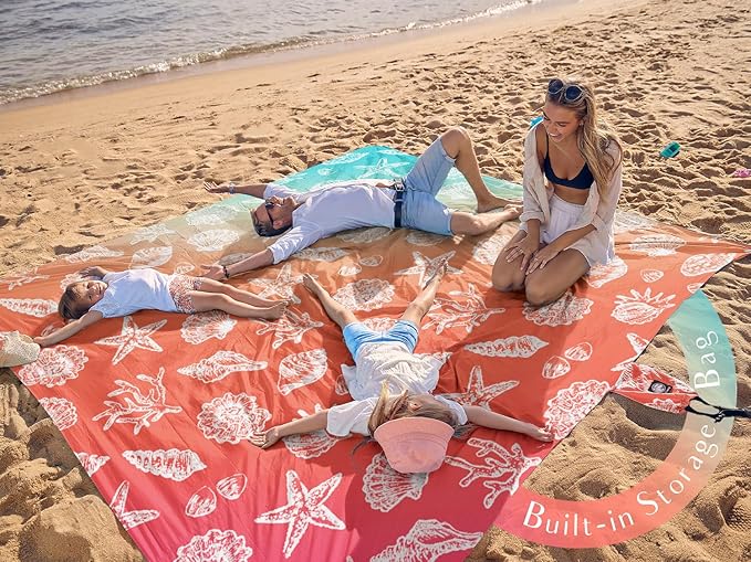 WEKAPO Beach Blanket Waterproof Sandproof Oversized, Extra Large Beach Mat Sand Free, Lightweight & Compact Sand Free Mat with 5 Stakes & 4 Corner Pockets
