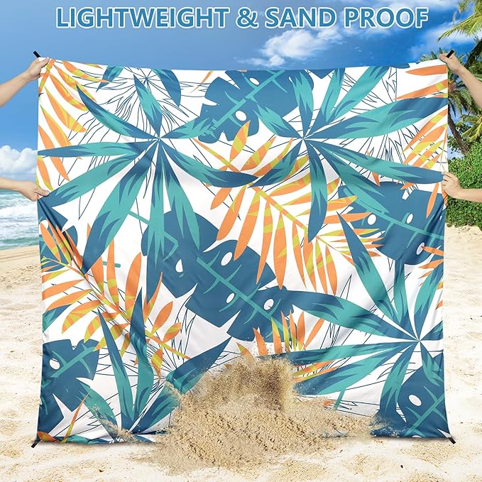 HIHOHO Beach Blanket Waterproof Sandproof Beach Mat for 1-8 Adults Quick Drying Durable Outdoor Picnic Mat for Beach Festival Travel Camping Hiking (W&GN&Y-Palm, 79"×83"(4 Person))