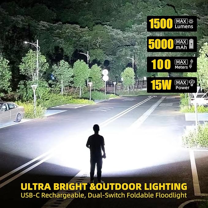 1500LM Folding Portable LED Camping Lantern, Rechargeable Camping Light,USB-C Work Light,5 Modes 3 Light Sources,1/4" Screw Adapter Tent Lights,Floodlight for Hiking,Power Outages,Garage,Job Lighting