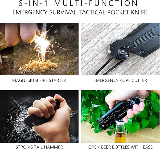 Mothers Day Fathers Day Gift - Personalized Custom Engraving Gifts for Him Her, 6-in-1 Multifunctional Folding Pocket Knives with LED Light, Seatbelt Cutter, Glass Breaker, Magnesium Fire Starter, Bottle Opener