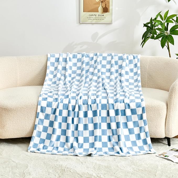 Edenleaf Checkered Blanket Flannel Throw Blankets Soft Cozy Checkered Grid Print Chessboard Gingham Pattern Throws for Bed Sofa Couch for All Seasons, 60x80 Inch, Blue