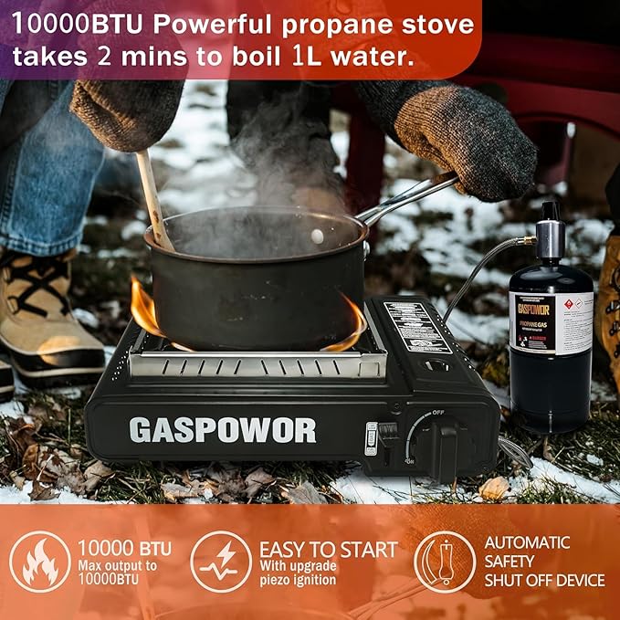 Propane or Butane Stove with Windblocker, Dual Fuel 10,000 BTU Portable Gas stove for Camping, Automatic Ignition Gas Stove with Adapter Hose Carrying Case & Griddle for Hiking (Fuel Not Included)