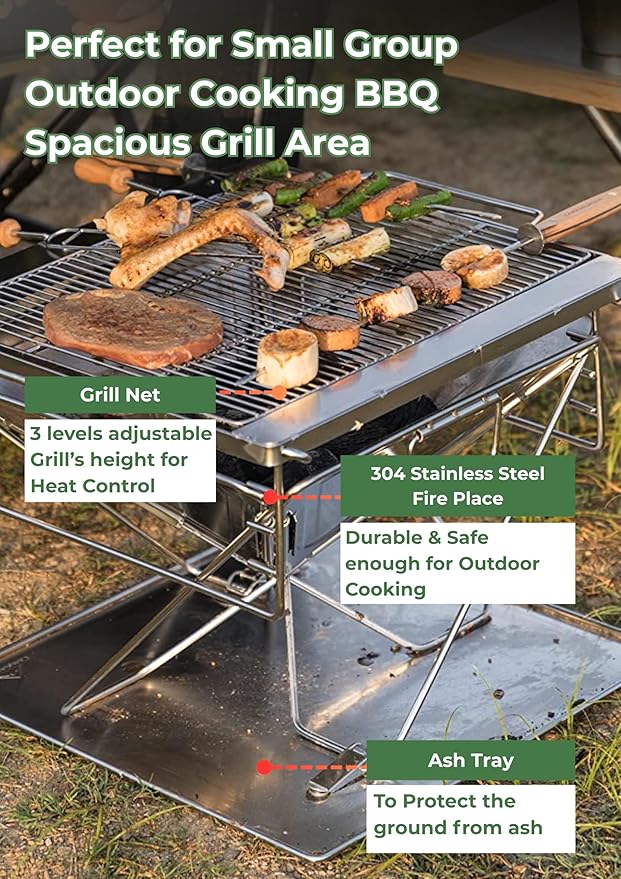 CAMPINGMOON 3 in 1 Portable Fire Pit 12 inch Foldable Stainless Steel Wood Burning Camping Stove BBQ Grill for 3 People Adjustable Height Outdoor Cooking Campfire Carry Bag included MT-035