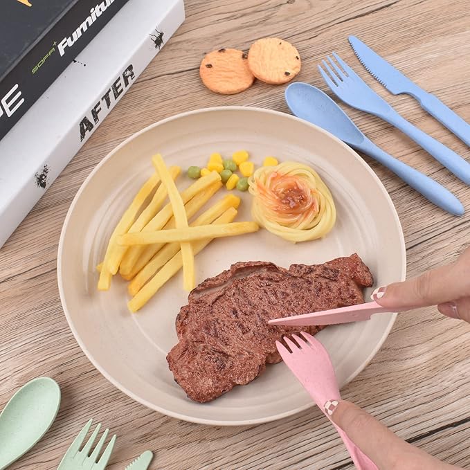 Knives Spoons and Forks Set, Wheat Straw Cutlery Set, Reusable Flatware Set for 4, Utensils for Party, Travel, Work, Picnic, Camping or Daily Use (Green, Beige, Pink, Blue)