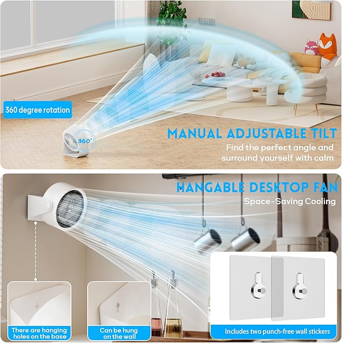 Small Desk Fan Battery Powered - White Low Noise Quiet Smart Portable Gentle Blowing without Headaches for Office Bedroom Living Room Table Top Wall Hanging Kitchen Travel Camping 5-Speed 360 Rotation