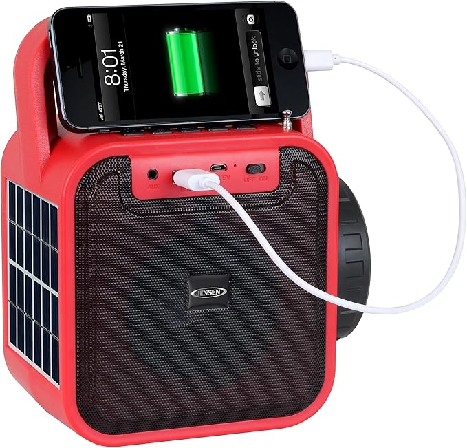 Jensen JEP-175 Portable Rechargeable Bluetooth Speaker with FM Radio, Flashlight, Solar Panel, and USB Port, Red, JEP-175