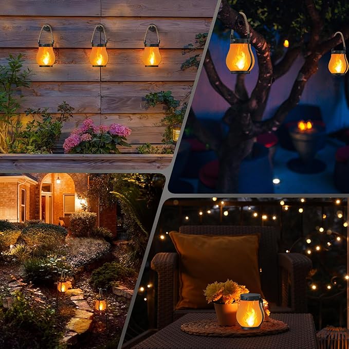 Hompavo Gen2 Solar Lanterns Outdoor with Ultra-Real Flame, Dual Charging (USB/Solar) & 2 Mode - Waterproof Decorative Hanging/Table Lights for Yard Patio Garden Birthday Mothers Day Gifts for Women, 2