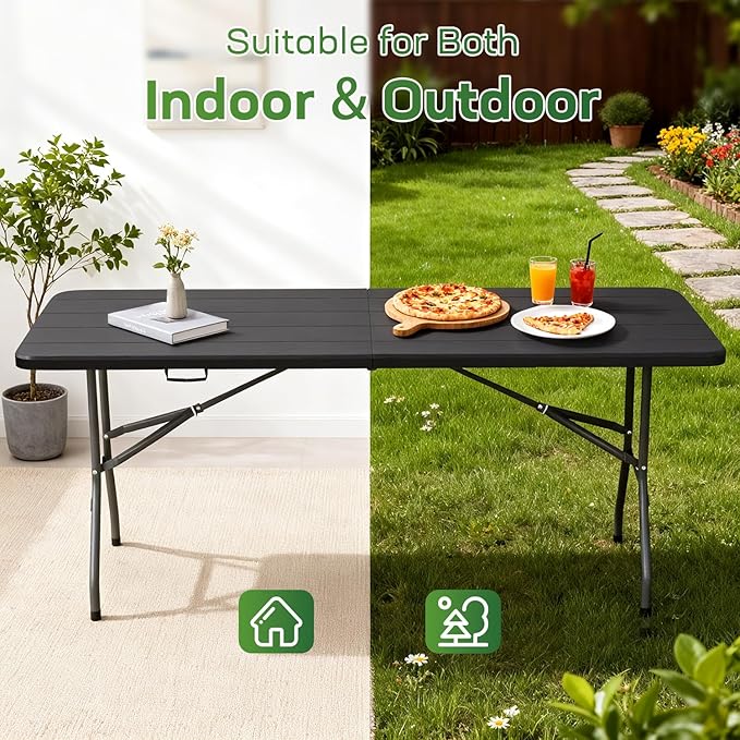 FDW 6 Foot Folding Table, Portable Plastic Table with Carrying Handle Perfect for Indoor, Outdoor, Party, Dining, Wedding, Events, Camping, Black Wood Grain