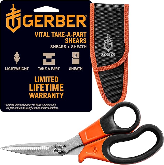 Gerber Vital Take-A-Part Poultry Shears, Hunting Shears for Small Animals, Serrated Blades & Visual Orange Rubber Handle, 5.5”, Orange