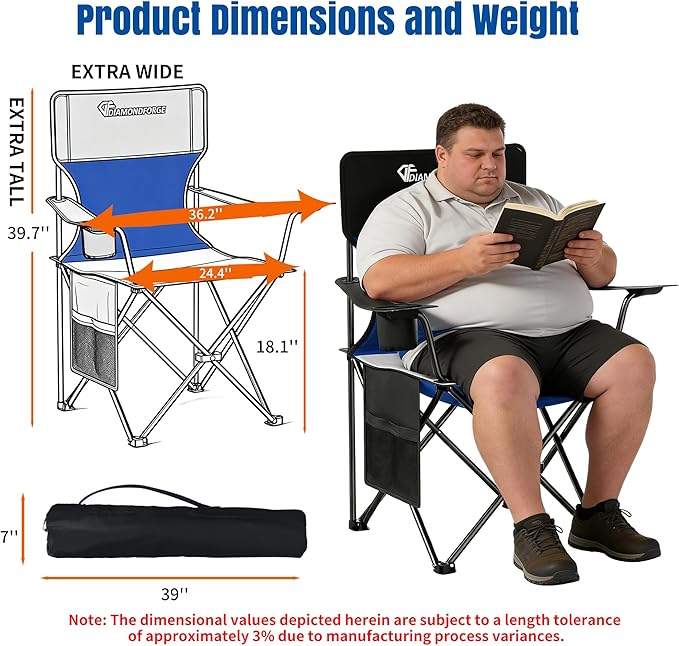 DIAMONDFORGE High Back Camping Chair for Adult, Portable Folding Camp Chair, Outdoor Camping Chair with Wide Cup Holder, Side Pocket for Hiking Fishing Sports (500LBS Oversized/300LBS Breathable Mesh)