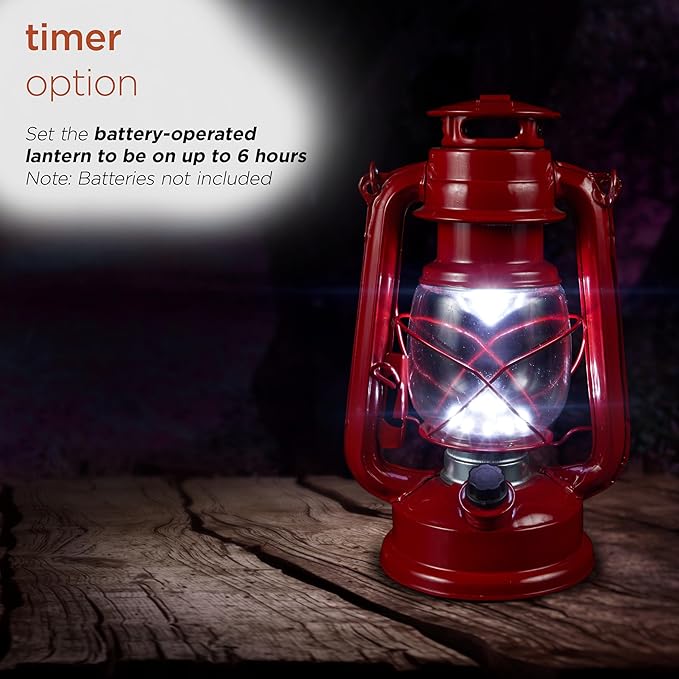 Alpine Corporation 10" H Indoor/Outdoor Metal and Glass Hurricane Lantern with Dimmable LED Lights, Red