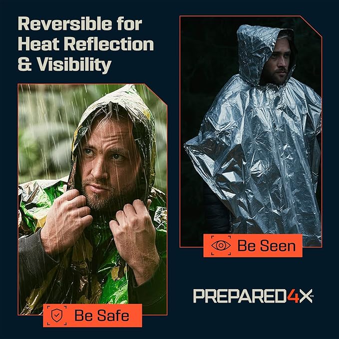 PREPARED4X Emergency Mylar Poncho – Survival Rain Poncho with Hood – Lightweight, Compact, Reusable Emergency Blanket Poncho for Hiking, Camping, Thermal Gear, Car Kit, Outdoors