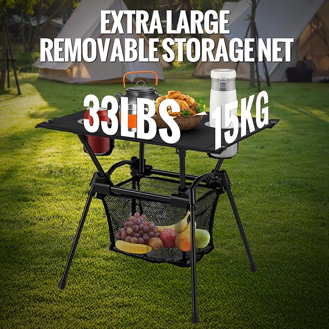 GARLLEN Folding Camping Table, Ultralight Compact Beach Table with Fabric Tabletop, Portable Folding Picnic Table with Cup Holder & Storage Net for Sand, Camping, Outdoor, 23.2“L x 15.7”W