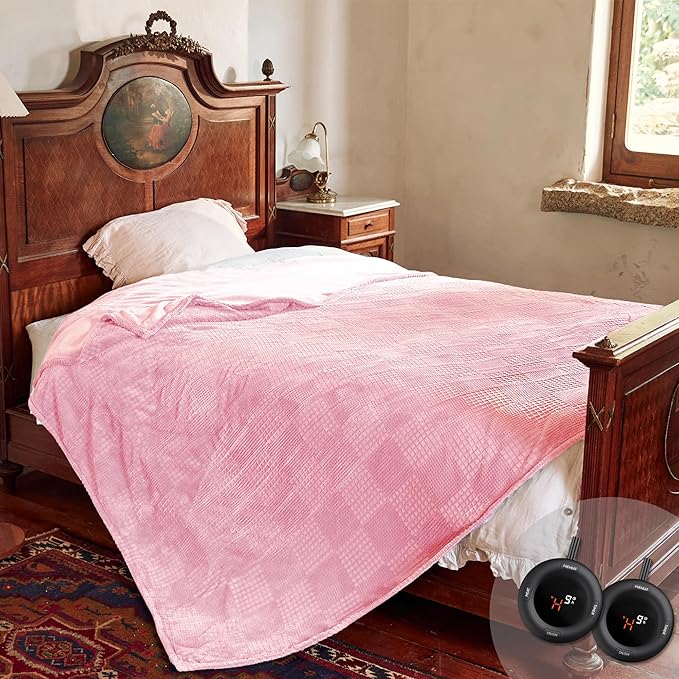 Texciting Electric Blanket Queen Size 84''X90'' - Heated Blanket with Dual Control Fast Heating 10 Heating Levels & 10 Hours Auto Off,ETL Certified Machine Washable (Light Pink)