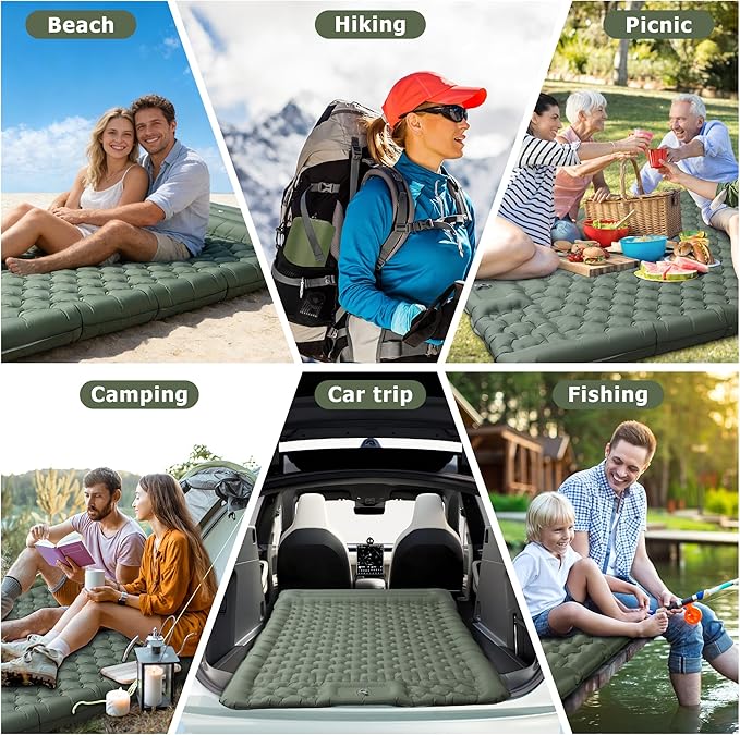 Toncoke 5.1" Thick Double Sleeping Pad with Foot Pump & Pillow, 77.5x53.9 2-Person Air Mattress for Camping, Ultralight & Compact for Backpacking, Hiking, Car Travel，Military Green
