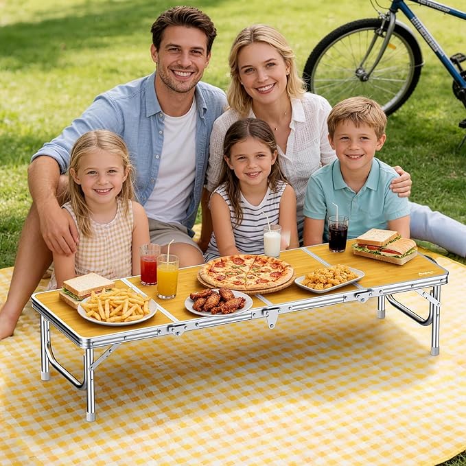 Anbte 4ft Low Folding Picnic Table, Thicker Aluminum Small Camping Table with Storage Bag, Portable Handle, Lightweight, for Camping Beach Party Picnic Floor,45.67" x 15.7" x 10.3", Yellow