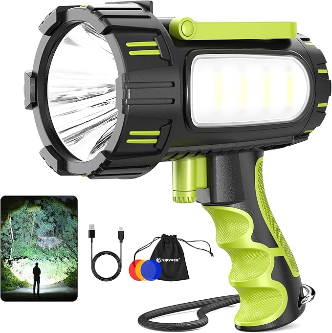 AlpsWolf Rechargeable Spotlight Flashlight, 100000 Lumen Super Bright Handheld Spotlight, IP68 Waterproof Searchlight with Foldable Stand & 3 Color Lens for Camping Hunting Emergency